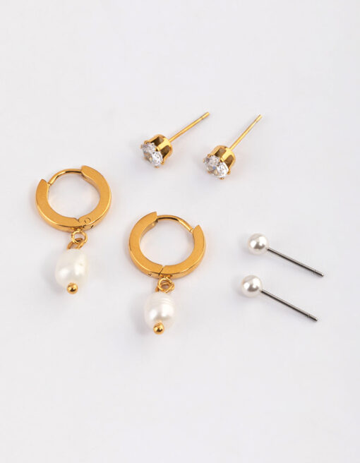 Stainless Steel Cubic Zirconia Pearl Drop Earrings Pack