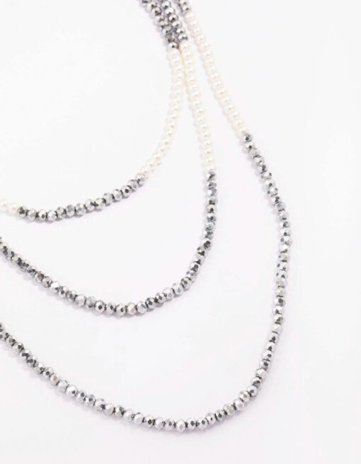 Rhodium Pearl Facet Layered Necklace