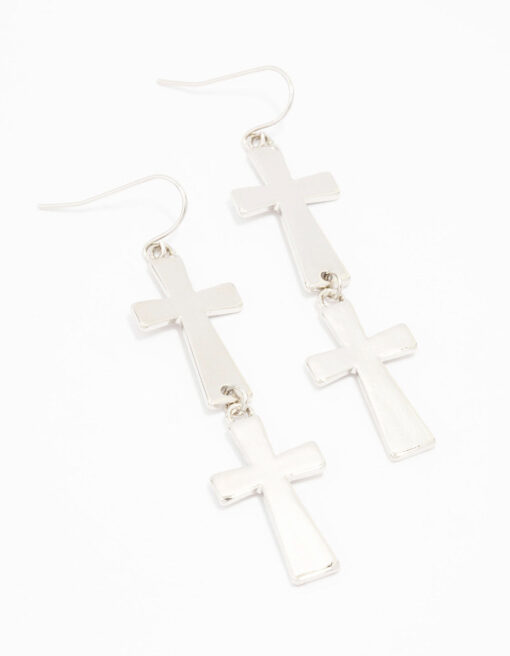 Rhodium Double Cross Drop Earrings