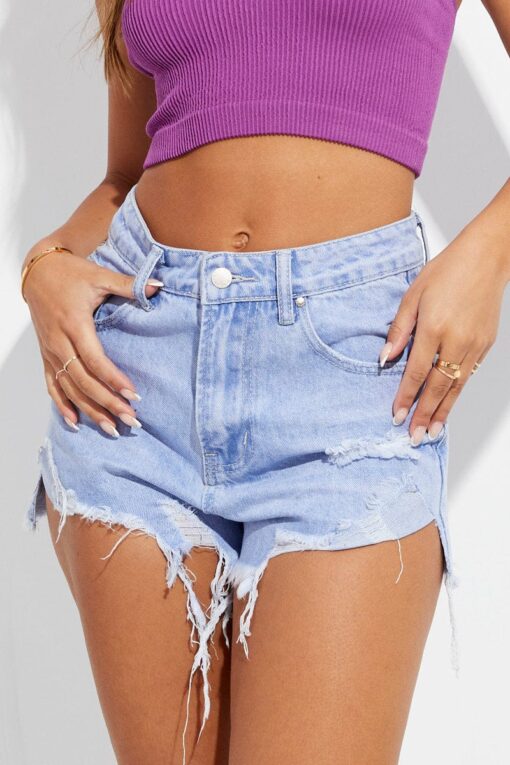 Blue Denim Ripped Denim Shorts Mid Rise - Image 2