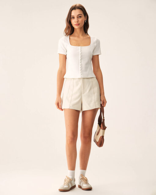 White Square Neck Ribbed Knit Tee - Image 4