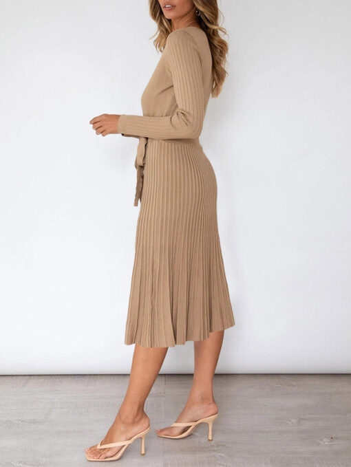 Women's Long Sleeve Midi Dress Wrap Pleated Sweater Dresses - Image 10
