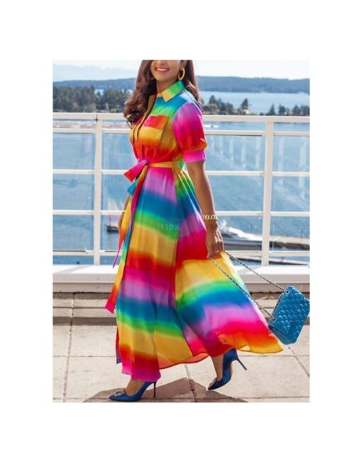 Multicolor Dress Rainbow Striped Half-sleeve Lapel Single Breasted Belted Casual Maxi Summer Dresses - Image 2