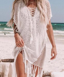 Women's Beach Sheer Crochet Dresses Cut Out Beach Cover Up Dresses with Tassels