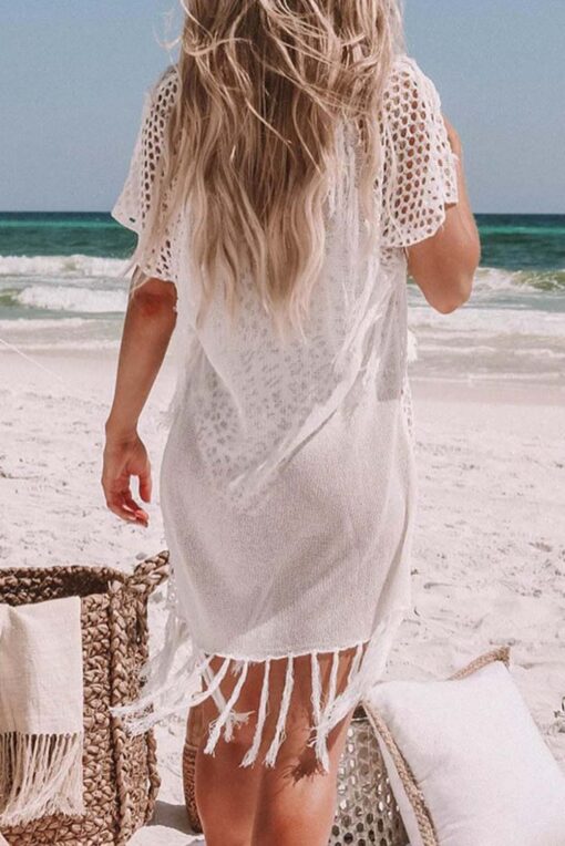 Women's Beach Sheer Crochet Dresses Cut Out Beach Cover Up Dresses with Tassels - Image 2