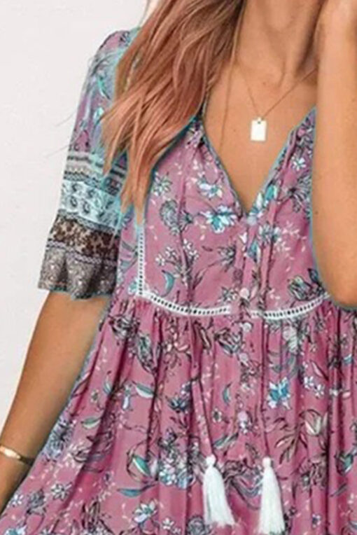 Women's Floral Boho Dress Casual Summer Swing A Line Beach Mini Dress - Image 11