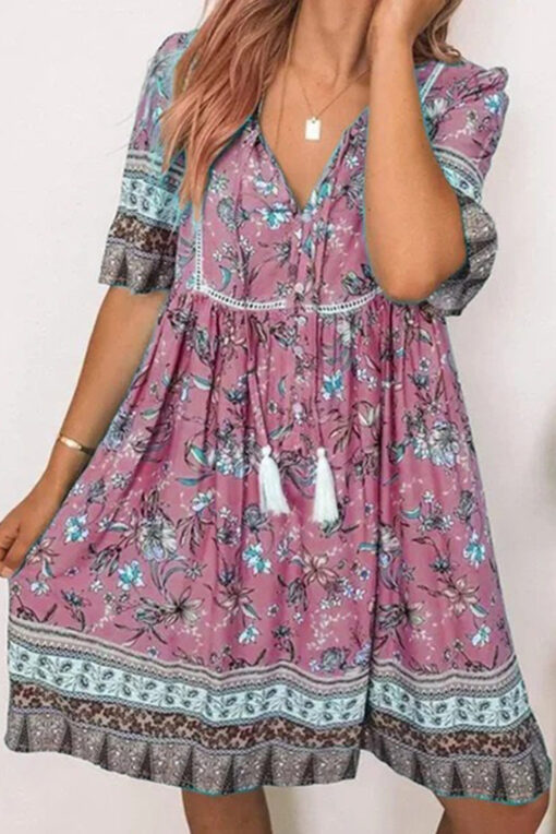 Women's Floral Boho Dress Casual Summer Swing A Line Beach Mini Dress - Image 10