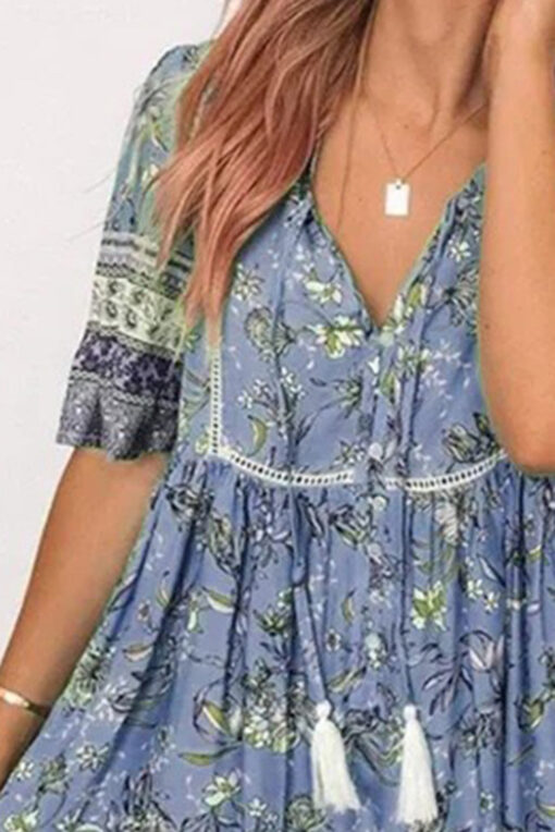 Women's Floral Boho Dress Casual Summer Swing A Line Beach Mini Dress - Image 5