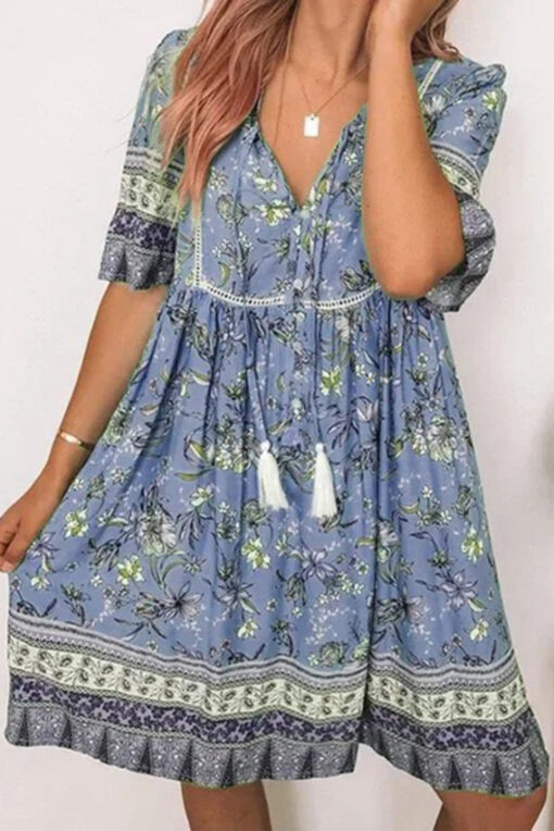 Women's Floral Boho Dress Casual Summer Swing A Line Beach Mini Dress - Image 4