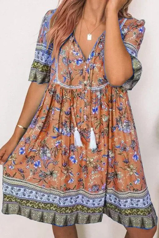 Women's Floral Boho Dress Casual Summer Swing A Line Beach Mini Dress