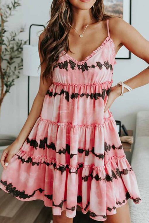 Tie Dye Flowy Short Dress Women's Ruffle Dress Cami Mini Dress - Image 2