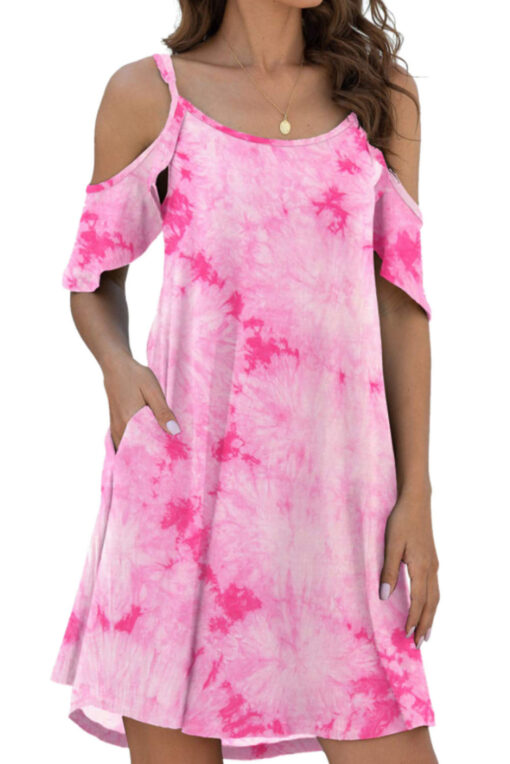 Women's Summer Tie Dye Sundress Cold Shoulder Mini Dress - Image 2