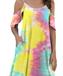 Women's Summer Tie Dye Sundress Cold Shoulder Mini Dress