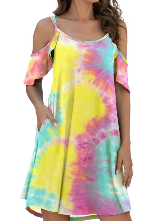 Women's Summer Tie Dye Sundress Cold Shoulder Mini Dress