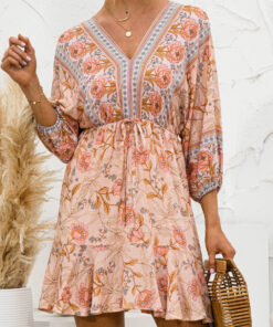 Women Casual Spring Summer Dresses V Neck Floral Short Beach Dresses