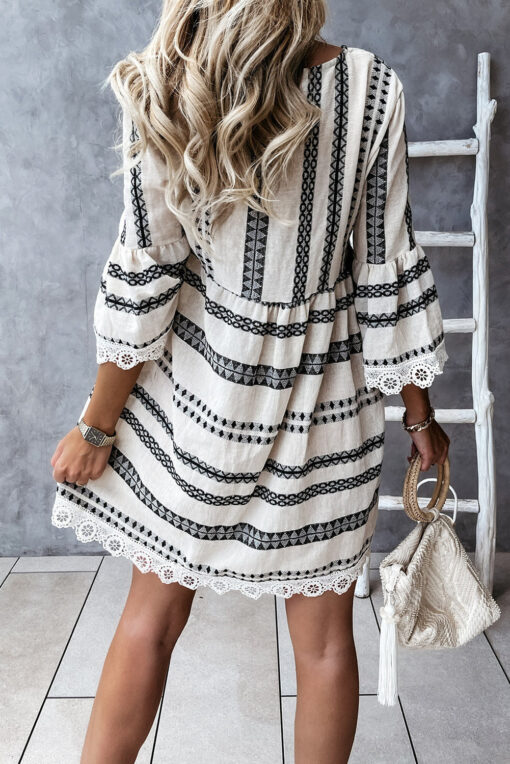 Women's Summer Shift Dress V Neck Geometric Tribal Print Lace Mini Dress - Image 2
