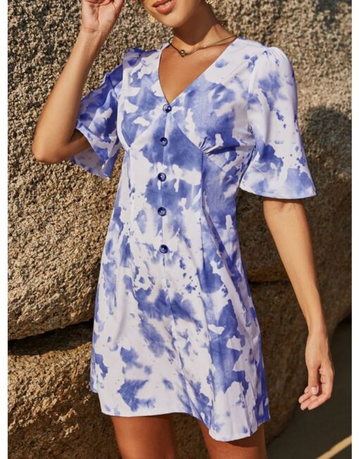 Summer Dress V-Neck Short Sleeve Tie Dye Single Breasted Casual Short Dresses - Image 2