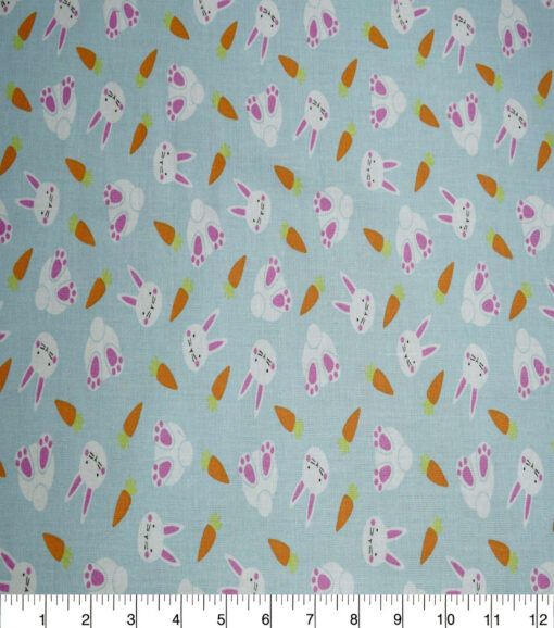 Bunnies & Carrots on Blue Easter Cotton Fabric